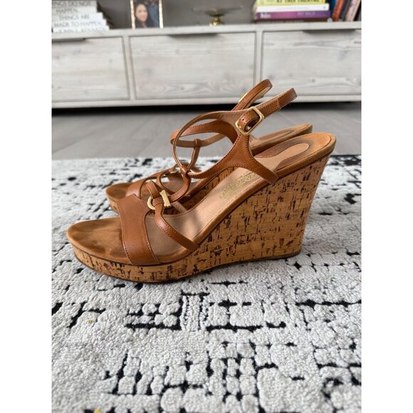 SALVATORE FERRAGAMO Tan Leather Cork Wedges Size 10 - Picture 8 of 13